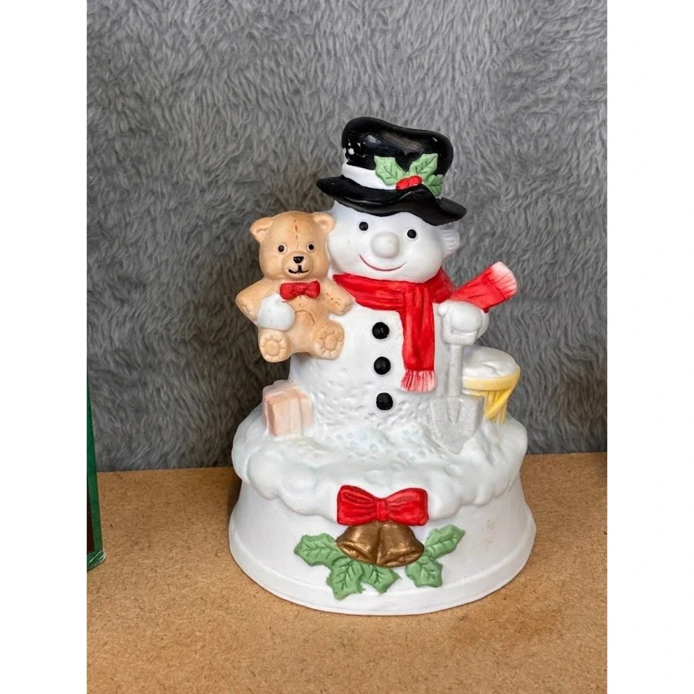 Vintage Flambro Porcelain Snowman w/ Bear Musical Music Box Frosty The Snowman
